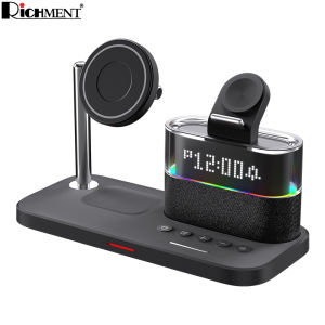 RICHMENT 5-in-1 Fast Wireless Charging Station Travel Charger Dock with MagSafe RGB Night Light Alarm Clock Compatible with Most Mobile Phones