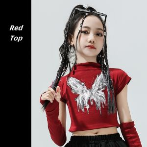 Girls Jazz Hip-hop Dance Outfit Butterfly Printed Pattern Crop Top Arm Sleeves Design Layered Mini Skirt Street Dance Performance Costume