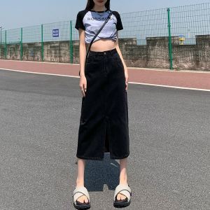Rok denim pinggang tinggi Jepang dan Korea untuk wanita rok celah A-line panjang menengah khusus
