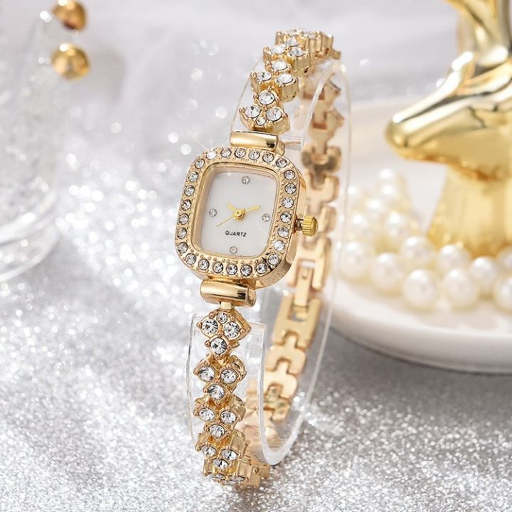 Women's trendy small cube sugar bracelet watch light luxury rose gold full of stars diamond ...