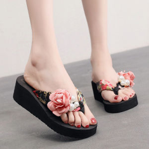 Free Shipping WomenS Summer Flip-Flops Non-Slip High-Heeled Beach Sandals Casual Flip-Flops For Vacations Floral Design Available In Large Sizes