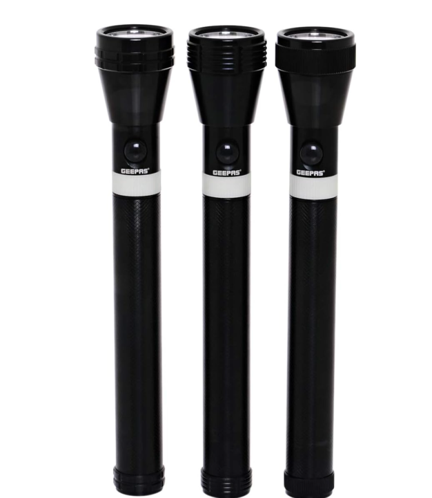 Geepas 3-in-1 Rechargeable LED Flashlight, CREE LED, GFL4622 | Aluminium Body with Rubber Glow | Ni-Cd Battery | Ideal for Campaigning, Trekking, Outdoor, Etc