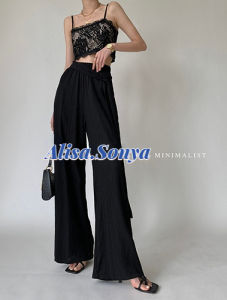 Alisa.Sonya Women Wide Leg Pants Plus Size Cooling Feel  Korean Style Elastic High Waist Loose Straight Full Length Casual Pants