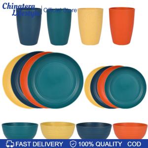 16Pcs Wheat Straw Cutlery Heat Resist Unbreakable Dinnerware Set Reusable Wheat Straw Dinnerware Suit for Travel BBQ Use