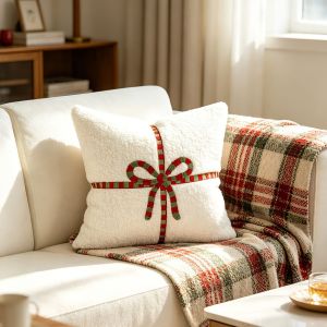 Christmas Red Bow Cushion Cover Premium White Teddy Fleece Embroidered Throw Pillow Case Fluffy Holiday Decor for Sofa Couch