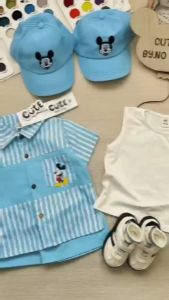 EST20A30 4IN1 OOTD BOYS BLUE POLO SHIRT STRIPE SHORTS TERNO WITH CAP