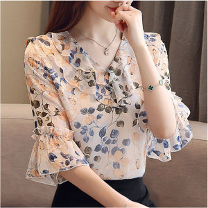 V-neck Blouse for Women Floral Chiffon Shirts Short-sleeve Blouse