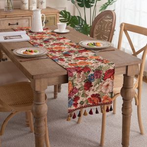 【SG】Luxury Thicken Table Runner with Retro Jacquard Tassels Embroidered for Living Festival Decoration