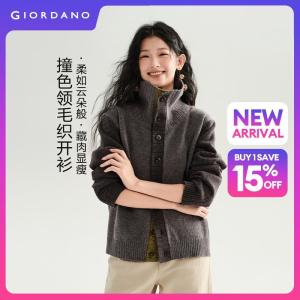 Giordano Women Turndown collar button closure contrast cardigan Free Shipping 18356620