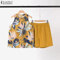 ZANZEA Women's 2pcs Suits Casual Summer Sleeveless Round Neck Floral Tanks Wide Leg Loose Short Outifits Sets. 