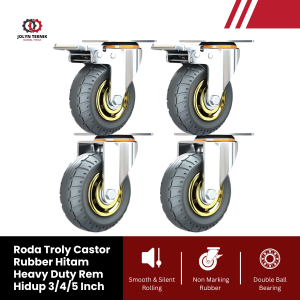 SET 4 PCS RODA TROLY CASTER BAHAN RUBBER HITAM REM HIDUP 3 4 5 INCH