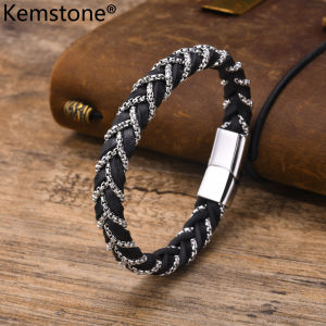 Kemstone Stainless Steel Magnetic Button Chain PU Leather Black Bracelet Mens Bangle Jewelry