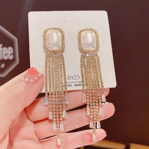 Korean Fashion Long Tassel Pearl Earrings Square Rhinestone Earrings Jewelry Accessories for Women Luxury Temperament Tassels Zircon Earrings for Girl
