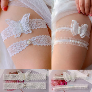 2Pcs Wedding Dress Butterfly Decoration Lace Ruffle Garters Bride Leg Garter Women Thigh Bands Pearl Leg Ring Stockings White