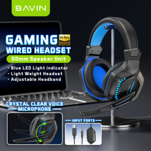 BAVIN BH61 Gaming Wired Headset w/ 120° Adjustable HD Microphone & Blue LED Light Indicator for Computers and Laptops