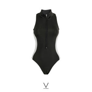SS2024 BLACK SWIMMING SUIT WITH WHITE SIDE STRIPE ชุดว่ายน้ำสีดำแถบข้างสีขาว ใส่ว่ายน้ำ มีฟองน้ำในตัวผ้าหนา กัน UV UPF 50+