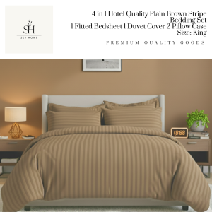 SevHome Hotel Quality 4 in 1 Plain Brown Stripes Bedsheet Sets | Cotton 400 Thread Count | Beddings Bed sheet set with 1 Fitted Sheet with Garter 1 Duvet Comforter Quilt Cover 2 Pillow case | Size King