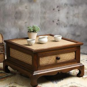 THAILUCKY โต๊ะกาแฟไม้ โต๊ะกลางสานเล็ก ตู้เก็บของขาคู้1ลิ้นชัก ทำการบ้าน นั่งพื้นนั่งกินข้าว จัดส่งฟรี