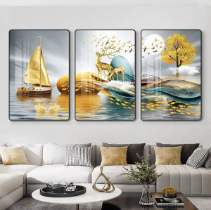 ภาพวาดตกแต่งใบไม้สีเขียว3 รูปภาพกรอบรูปแขวนด้านหลังโซฟารูปภาพกรอบรูปพรีเมี่ของขวัญ ของขวัญขึ้นบ้านใหม่