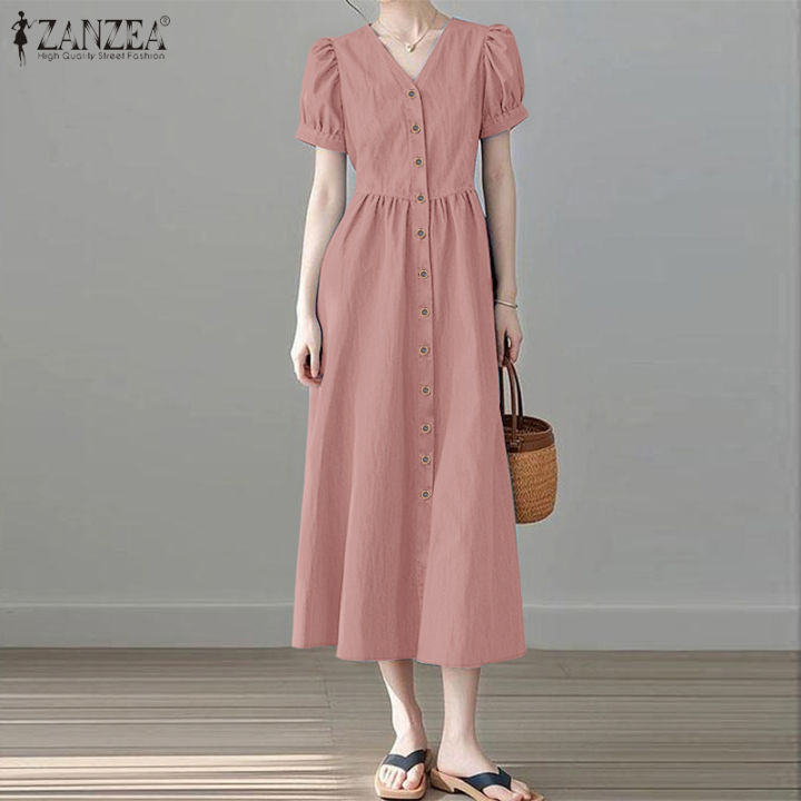 ZANZEA Korean Style Women's Dresses Short Sleeve V Neck Casual Plain Midi A-Line  Dress | Lazada Singapore