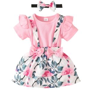 SETELAN BAYI PEREMPUAN 3IN1 FLORAL JUMPER + OVERALL SKIRT + HEADBAND