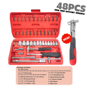 48PCS 1/4 INCH Ratchet Wrench Socket Set Hand Repair Chrome Vanadium Tool Kit Driver Bit Set Combination Spanner Box