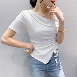 REHIN Womens top Summer new irregular short-sleeved T-shirt with drawstring design slim-fit S-3XL fashionable blouse