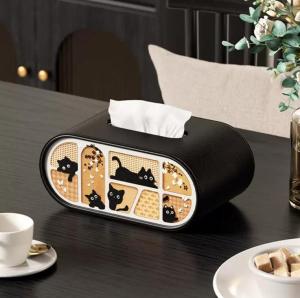 Oval Leather Tissue Box Classic Luxury Black White Tissue Box Cat Tissue Box Household Living Room Bedroom Office Napkin