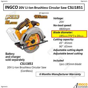INGCO 20V Li-Ion Circular Saw (Brushless Motor) CSLI1851