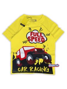 Baju anak laki laki distro motif kendaraan mobil full speed warna kuning bahan adem sablon plastisol