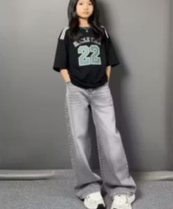 Celana Jeans Kulot Anak Perempuan Pinggang Elastis Motif Stripe Pinggang Rendah Ukuran 8-13  Tahun