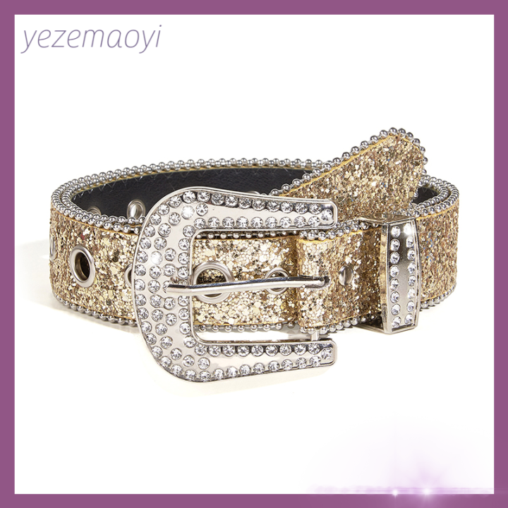 YEZE】 Shinning for Rhinestone Belts Women PU Leather Strap for