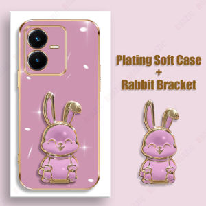 Roazic Electroplated trường hợp đối với Vivo Y22/y22s với dễ thương gấp thỏ Bracket Ốp lưng TPU mềm Bìa đứng Ốp chống sốc