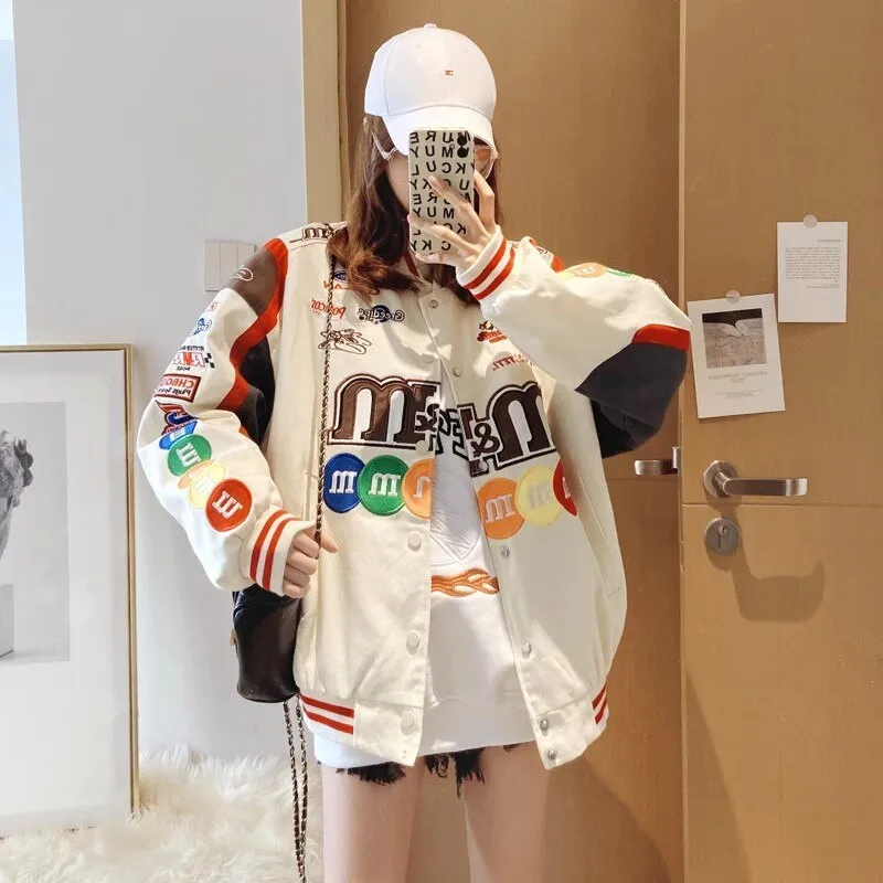 Bomber Jacket Men Women Hip Hop M&M Embroidery Motorcycle Loose