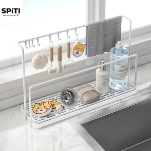 Versatile Stainless Steel Kitchen Sink Organizer with Hooks and Towel Rack - Black/White