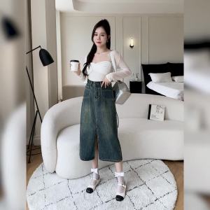 2024 mùa xuân và mùa thu Phong Cách Ban Đầu Giữa Chiều Dài túi thời trang Thiết kế khâu R Denim váy màu xanh dương Của Phụ Nữ phong cách Hàn Quốc Slit Thiết Kế eo cao Một Dòng Váy