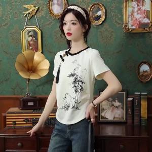 Ammin2024 Mùa Hè Mới R Treo Khóa đĩa cổ tròn Thời Trang Tre In Cotton T-Shirt Phụ Nữ tay ngắn véo Eo giũa móng Thiết Kế Áo Blouse thanh lịch