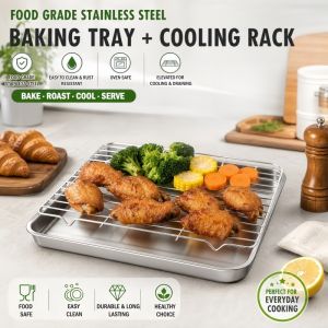 toStainless Steel Oven Baking Tray Removable Cooling Rack Set Plate BBQ Tray Pan Dish Grill Mesh