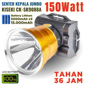 Senter Kepala Jumbo Batrai 15.000mAh Tahan 36 Jam Cahaya Putih 150 Watt Super Terang Senter Kepala KISEKI Original CK-SK9088A | Senter Kepala 150W Waterproof Cas USB Type C Rechargeable Isi Ulang Tahan Lama COD Bisa Bayar Ditempat