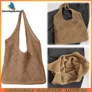 Vktech Fashionable Women Mesh Crochet Bag Solid Color Cross Body Shoulder Bag for Summer Vacation