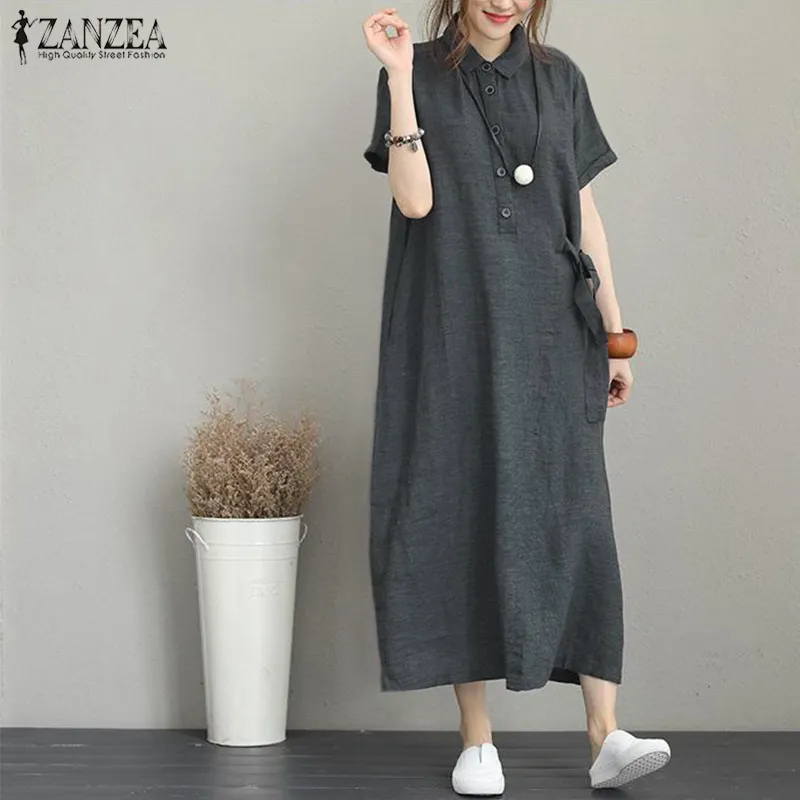 Days Delivery】ZANZEA Women Buttons Neck Long Shirt Dress Lapel