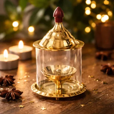 Decorative Brass & Glass Akhand Jyot Diya Oil Lamp for Home Temple Spiritual Decor Pooja and Religious Ceremonies & Return Gifts (Pack of 1 Pc)