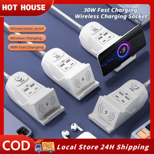 2.8M Power Strip Surge Protector 30W Fast Charging Extension Outlet Socket Plug with Wireless Phone Charger Heavy Duty Extension Cord USB Power Socket with 2 Outlets 2 USB Ports 2 Type c Ports