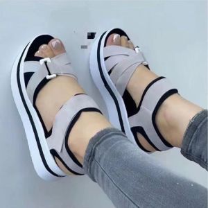 [Free Shipping] Thick-Soled Sandals New Womens Style With Velcro Straps Beach Sandals Plus Sizes Womens Flat Sandals.