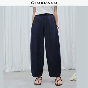 Giordano Women Pleated elastic waist denim banana pants Free Shipping 18426706
