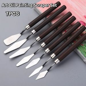LUXEMO 7PCS Bằng gỗ Bộ cọ vẽ tranh sơn dầu nghệ thuật Thép không gỉ Nhẹ Xẻng trộn sơn màu nước Di động Ngăn ngừa rỉ sét Bộ cọ vẽ Công cụ vẽ