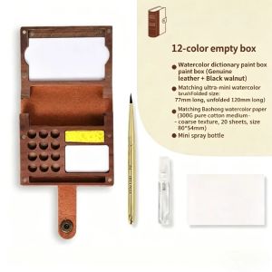 Bộ màu nước12 ô chất liệu gỗ óc chó bộ du lịch di động kèm cọ và giấy dành cho họa sĩ vẽ phác thảo vẽ ngoài trời đồ dùng mỹ thuật.