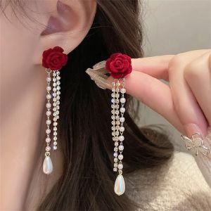 good 999Fashionable red rose tassel long pearl elegant earringsES63809
