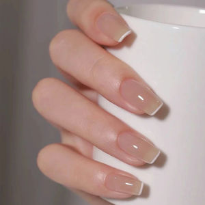【 Free gift 】24PCS/ Set French White Edge Gradient Fake Nails Medium Length Almond Glitters Fake Nails Set