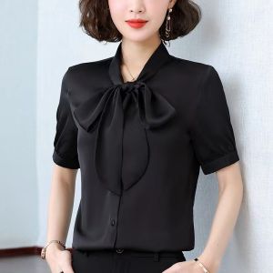 【COD】Korean Style Plus Size Shirt Short Sleeve Bow-knot Princess Sleeve Chiffon Blouse Lace Up Shirt